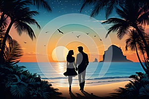 A silhouette of a man and a woman, holdings hands, at a whimsical beach, blue sea, palm tree, plants, birds in sky, romantic, love