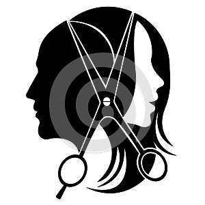 Silhouette of a man and a woman in the middle of the scissors. Design is suitable for logo, biber shop, hairdresser, decor, tattoo