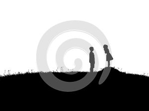 Silhouette of man and woman over grass and hill isolated and white backgrounds, romantic valentine