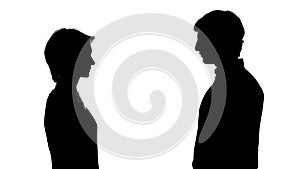 Silhouette of man and woman stand opposite, equal rights, social advertisement