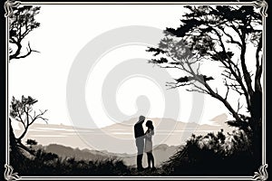 silhouette of a man and woman standing in front of trees