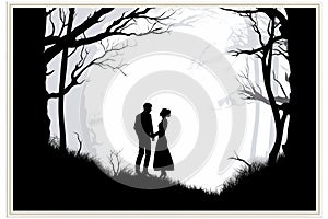 silhouette of a man and woman standing in the woods