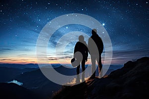 Silhouette of a man and woman on top of a mountain at night, Silhouette of young couple hiker were standing at the top of the