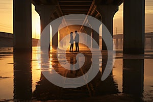 Silhouette of a man and a woman walking under the bridge, A couple\'e water surface under a bridge at golden hou