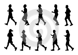 Silhouette man and women running, Black people run on white background, Isolate marathon 