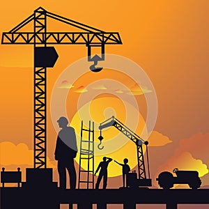 Silhouette of man working on construction site with crane and building in sunset sky dramatic illustration