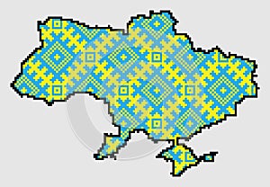 Silhouette map of Ukraine territory borders with Crimea in traditional Ukraine embroidery colors - blue, yellow, red and black.