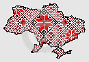 Silhouette map of Ukraine territory borders with Crimea in traditional Ukraine embroidery colors - blue, yellow, red and black.