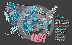 Silhouette of the map of USA with hand-written names of states -