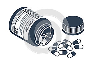 Silhouette of Medicine Bottle with Pills. Isometric View