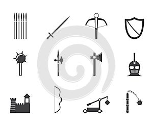 Silhouette medieval arms and objects icons