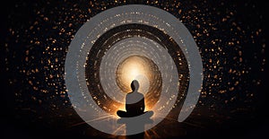 Silhouette of a meditating person in a magical environment, surrounded by circles of energy. Generative AI