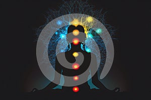 Silhouette Of A Meditating Woman With Chakras. Generative AI