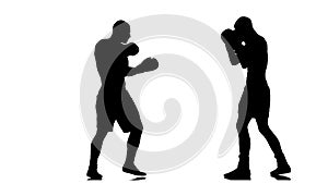 Silhouette. Men boxers train punches and kicks. Slow motion