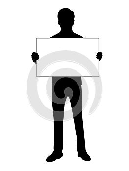 Silhouette men holds banner placard blank white sheet for text space