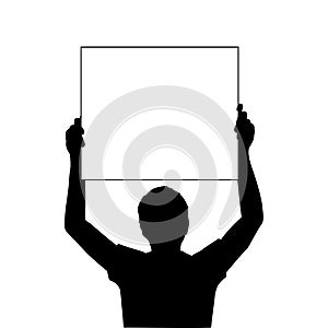 Silhouette men holds banner placard blank white sheet for text space closeup