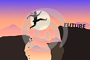 silhouette of men jumping from a cliff over a cliff to future with sunsett. Sunset sky