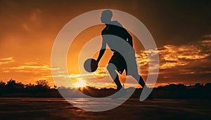 Silhouette men playing soccer at sunset, fun activity generated by AI