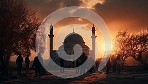 Silhouette of men praying at famous Blue Mosque at dusk generated by AI