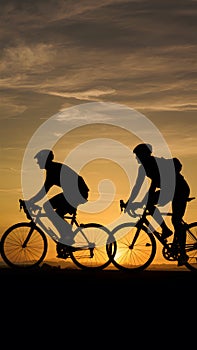 Silhouette men ride bicycle at sunset, outdoor sports activity