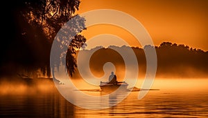 Silhouette of men rowing canoe at sunset, nature tranquil pursuit generated by AI