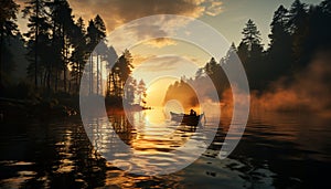 Silhouette of men rowing canoe on tranquil forest pond generated by AI