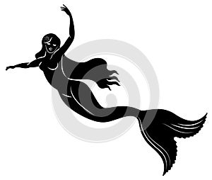 Silhouette of a mermaid. Beautiful girl is floating in the water. The lady is young and slender. Fantastic image of a fairy tale.