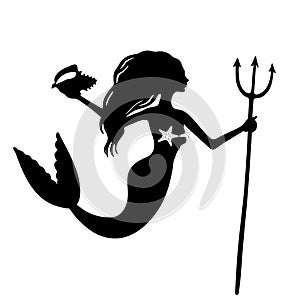 Silhouette of mermaid holding trigon, conch shell