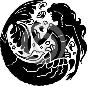 Silhouette mermaid among waves. Isolated figure of girl from fairytale.