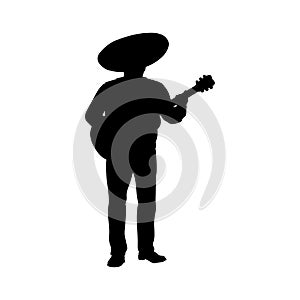 Silhouette mexican man in sombrero hat playing guitar