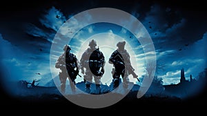 silhouette of military army platoon with weapon, infantry and commando team, special forces soldiers