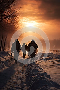 silhouette of military army platoon with weapon, infantry and commando team, special forces soldiers