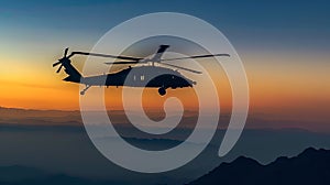 Silhouette of a military helicopter flying at sunset. Serene sky background, concept of peace and conflict. Vibrant dusk