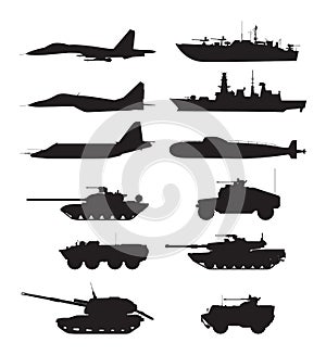 Silhouette of military machines support. Aircraft forces. Army vehicles and warships photo