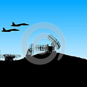 Silhouette military radar dish. Vector illustration.