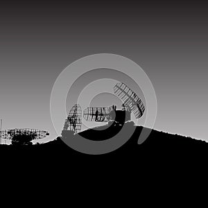 Silhouette military radar dish. Vector illustration.