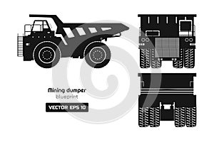 Silhouette of mining dumper on white background. Back, side and front view. Heavy truck image. Industrial 3d drawing