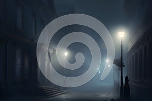 Silhouette in misty alley at night city street, mystery and horror foggy cityscape atmosphere. Neural network generated