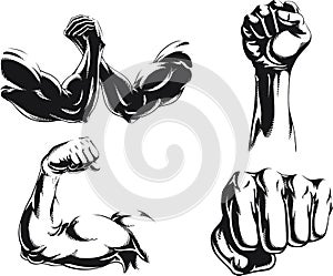 Silhouette mma fighter bodybuilder arm logo isolated vector icon illustration on black and white style