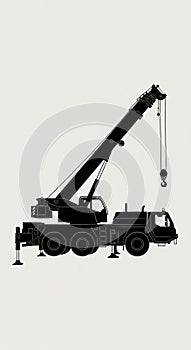 Silhouette of a mobile construction crane with an extended boom and hook, set