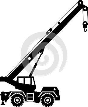 Silhouette of Mobile Crane Icon in Flat Style. Vector Illustration