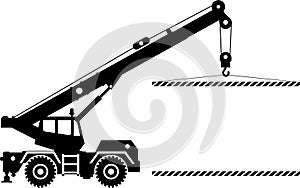 Silhouette of Mobile Wheel Crane with Poster Icon in Flat Style. Vector Illustration