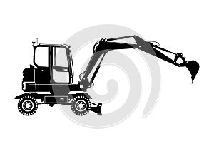 Silhouette of a modern wheeled excavator.