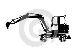 Silhouette of a modern wheeled excavator.