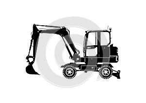 Silhouette of a modern wheeled excavator.