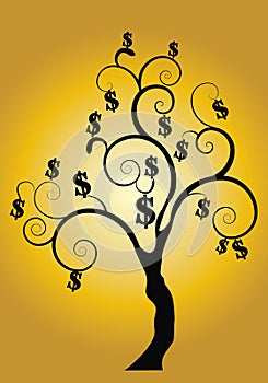 Silhouette of a money tree with gold background