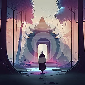 Silhouette of a monk in front of a gate in the middle of the forest generative AI