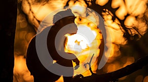 A silhouette of a monkey at sunset, set against a backdrop of wild nature, Ai Generated