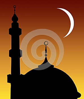 Silhouette of mosque with crescent moon