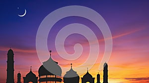Silhouette Mosque Domes with Crescent Moon on colorful Dramatic Twilight sky background, illustration